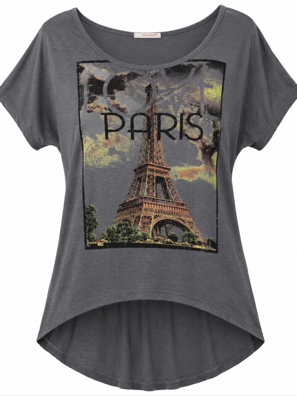 Papaya Paris Eiffel Tower Graphic Tee Gray Short Sleeve Rayon Top Women's Small